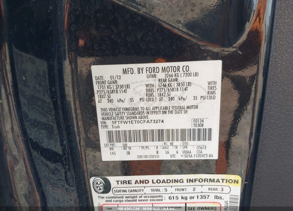 2012 FORD F-150 VIN: 1FTFW1ET0CFA73274