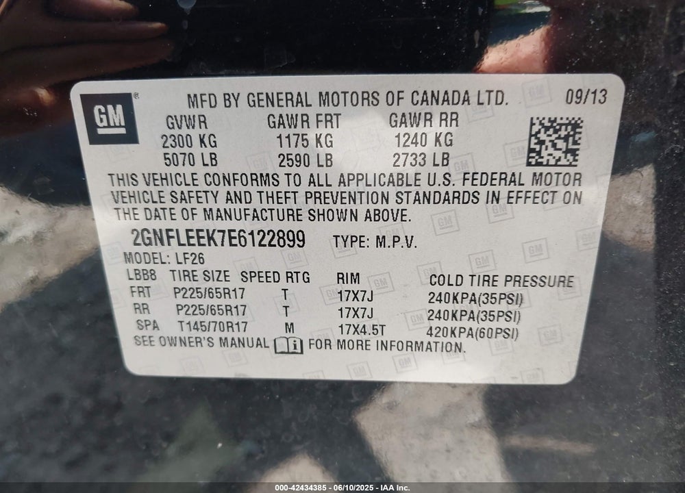 2014 CHEVROLET EQUINOX VIN: 2GNFLEEK7E6122899