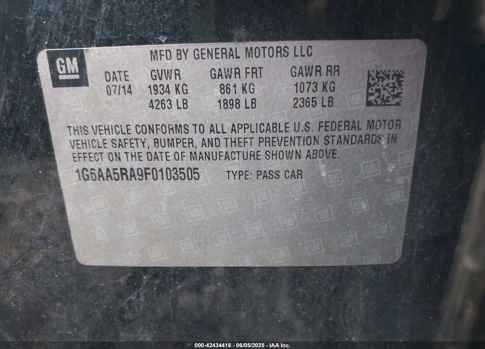 2015 CADILLAC ATS STANDARD VIN: 1G6AA5RA9F0103505