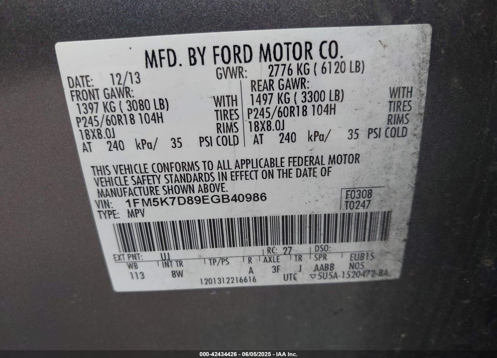 2014 FORD EXPLORER XLT VIN: 1FM5K7D89EGB40986