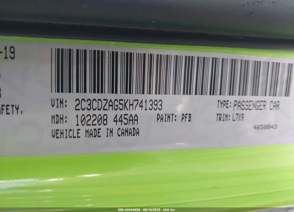 2019 DODGE CHALLENGER VIN: 2C3CDZAG5KH741393