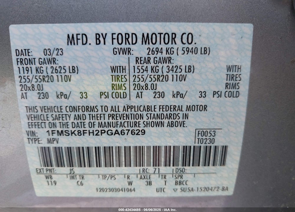 2023 FORD EXPLORER LIMITED VIN: 1FMSK8FH2PGA67629