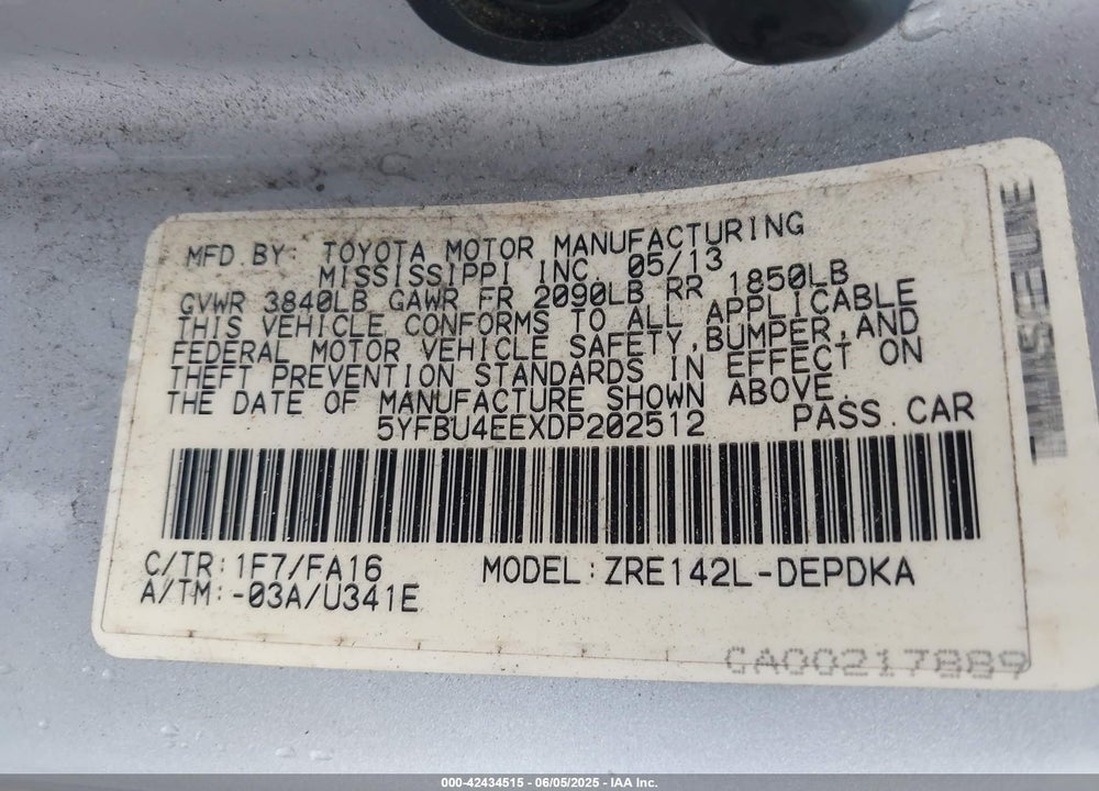 2013 TOYOTA COROLLA VIN: 5YFBU4EEXDP202512