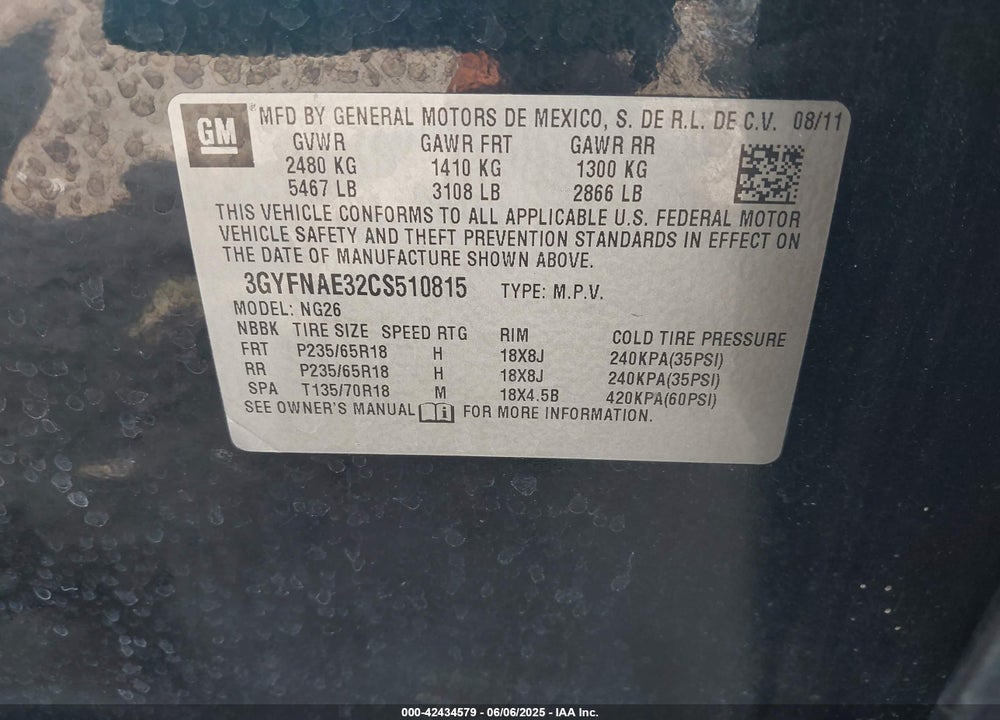2012 CADILLAC SRX VIN: 3GYFNAE32CS510815