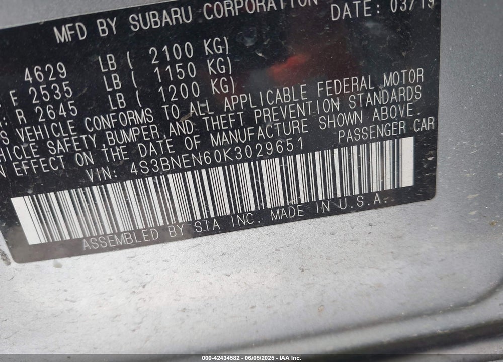 2019 SUBARU LEGACY VIN: 4S3BNEN60K3029651