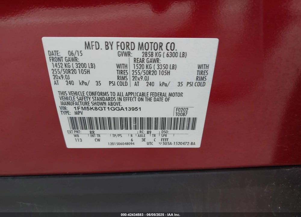 2016 FORD EXPLORER VIN: 1FM5K8GT1GGA13951