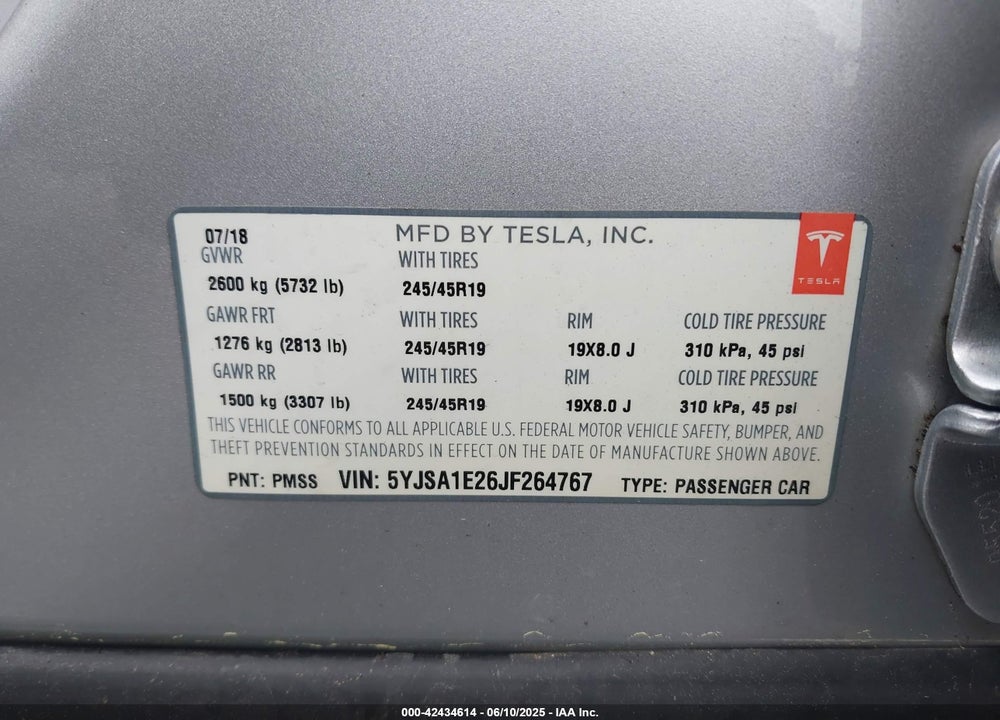 2018 TESLA MODEL S VIN: 5YJSA1E26JF264767