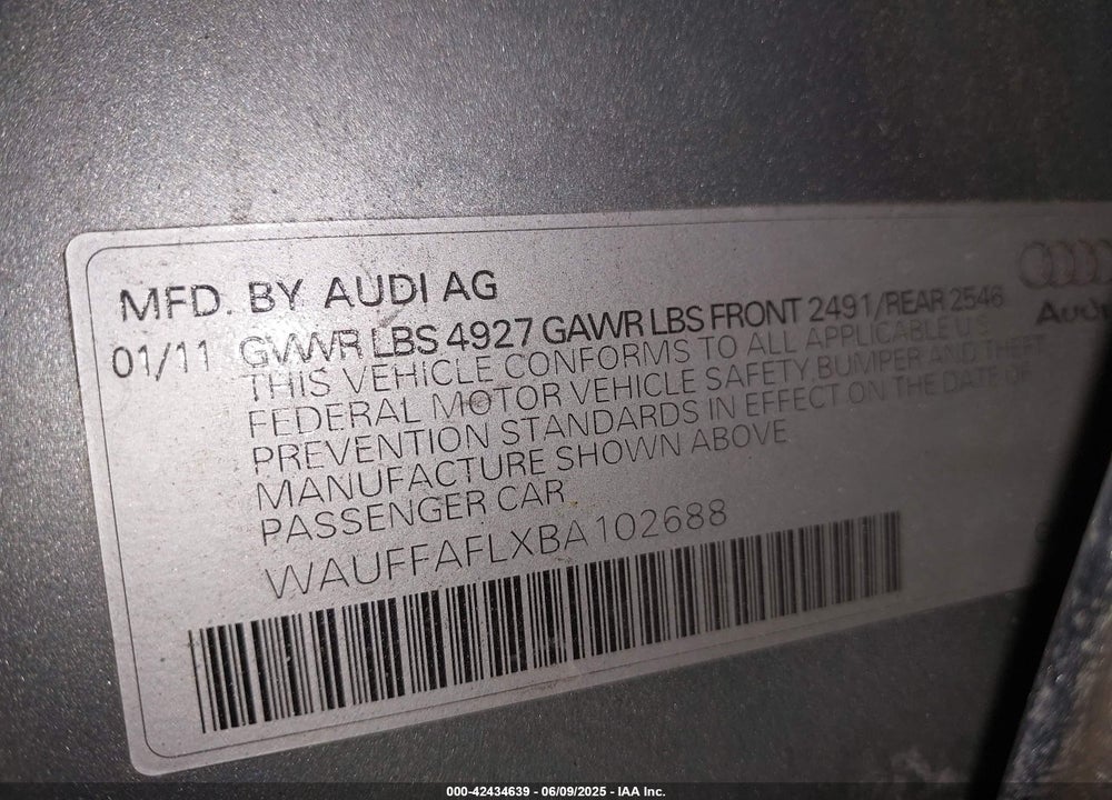 2011 AUDI A4 2.0T PREMIUM VIN: WAUFFAFLXBA102688