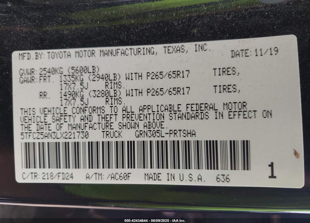 2020 TOYOTA TACOMA VIN: 5TFCZ5AN3LX221730