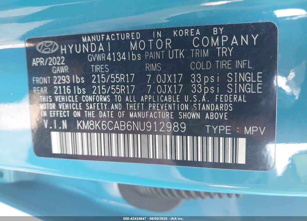2022 HYUNDAI KONA VIN: KM8K6CAB6NU912989