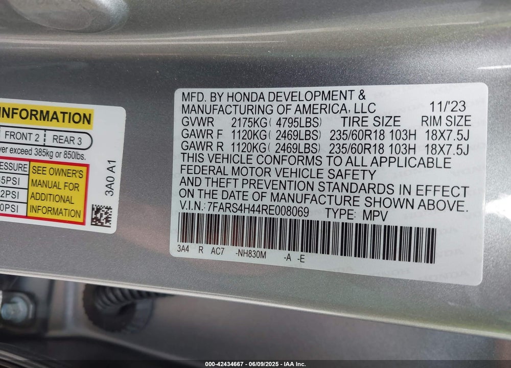 2024 HONDA CR-V EX AWD VIN: 7FARS4H44RE008069