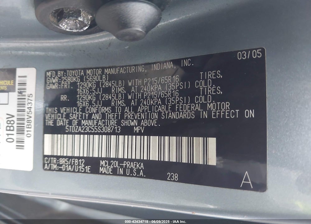 2005 TOYOTA SIENNA LE VIN: 5TDZA23C55S308713