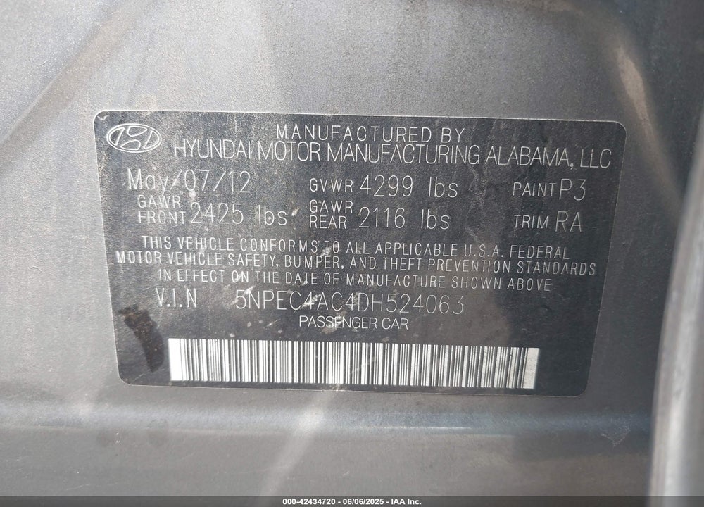 2013 HYUNDAI SONATA VIN: 5NPEC4AC4DH524063