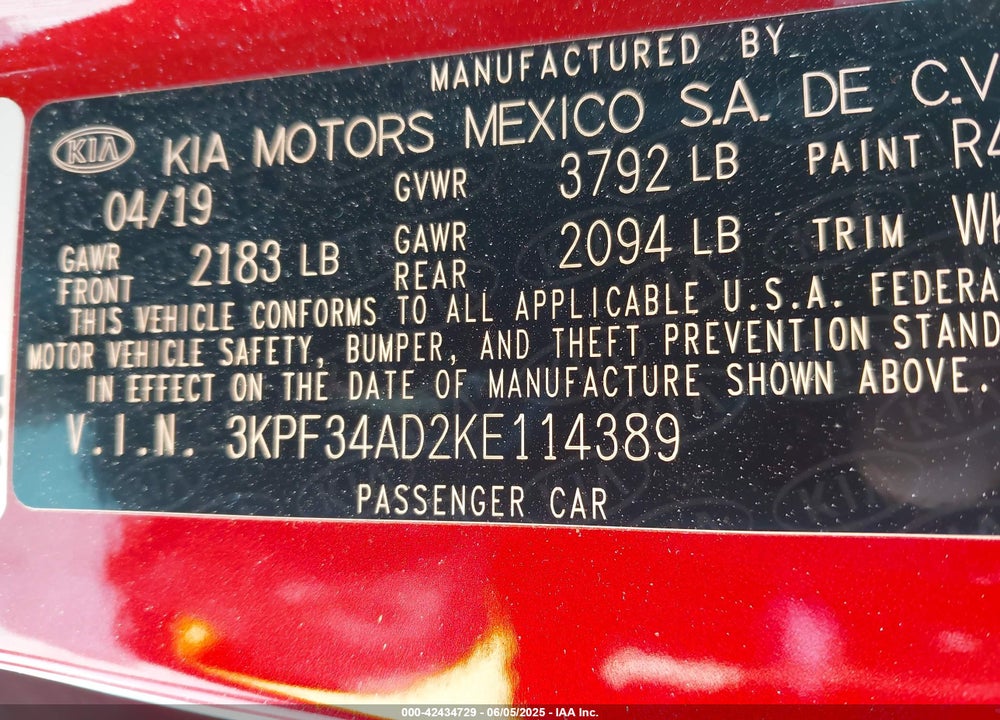 2019 KIA FORTE S VIN: 3KPF34AD2KE114389