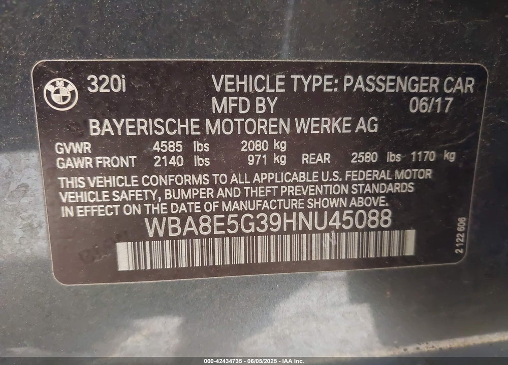 2017 BMW 3 SERIES VIN: WBA8E5G39HNU45088