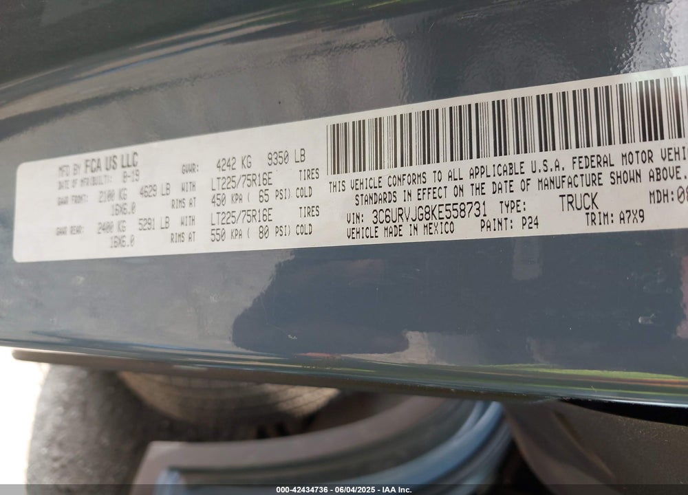2019 RAM PROMASTER 3500 CARGO VAN HIGH ROOF 159 WB EXT VIN: 3C6URVJG8KE558731