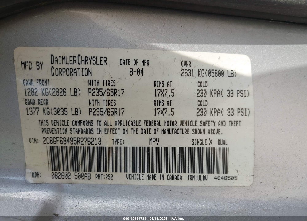 2005 CHRYSLER PACIFICA TOURING VIN: 2C8GF68495R276213