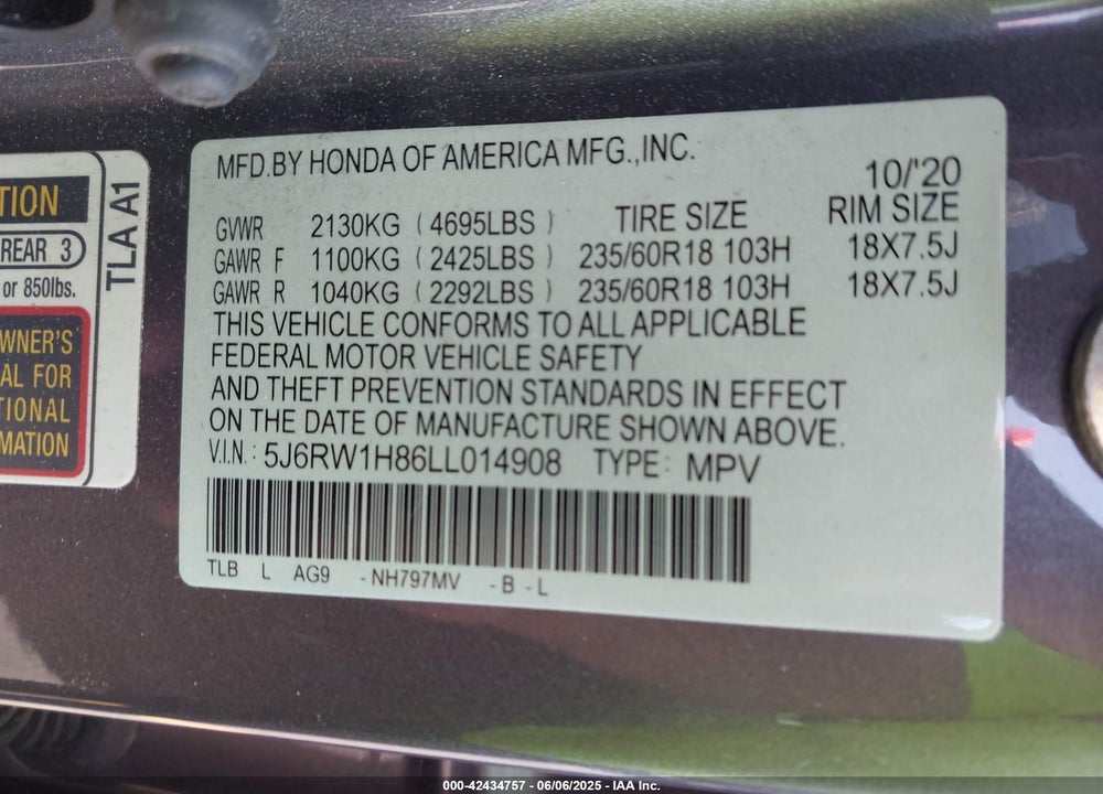 2020 HONDA CR-V VIN: 5J6RW1H86LL014908