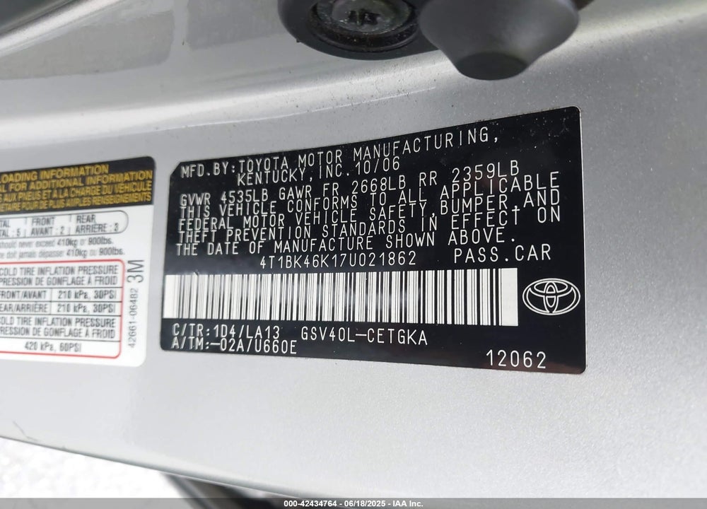 2007 TOYOTA CAMRY VIN: 4T1BK46K17U021862
