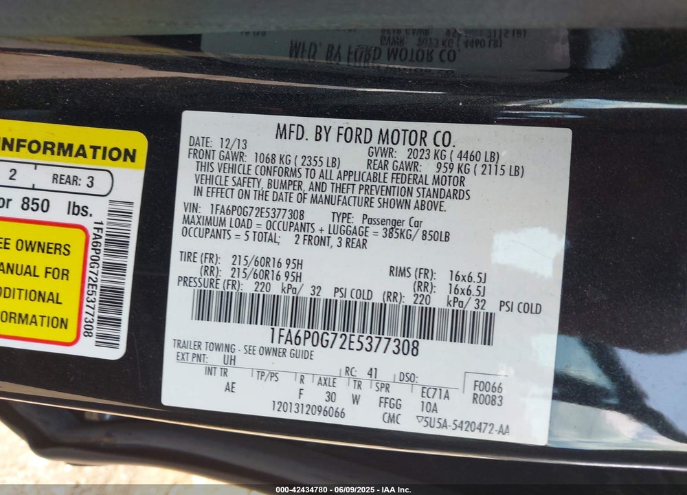 2014 FORD FUSION VIN: 1FA6P0G72E5377308