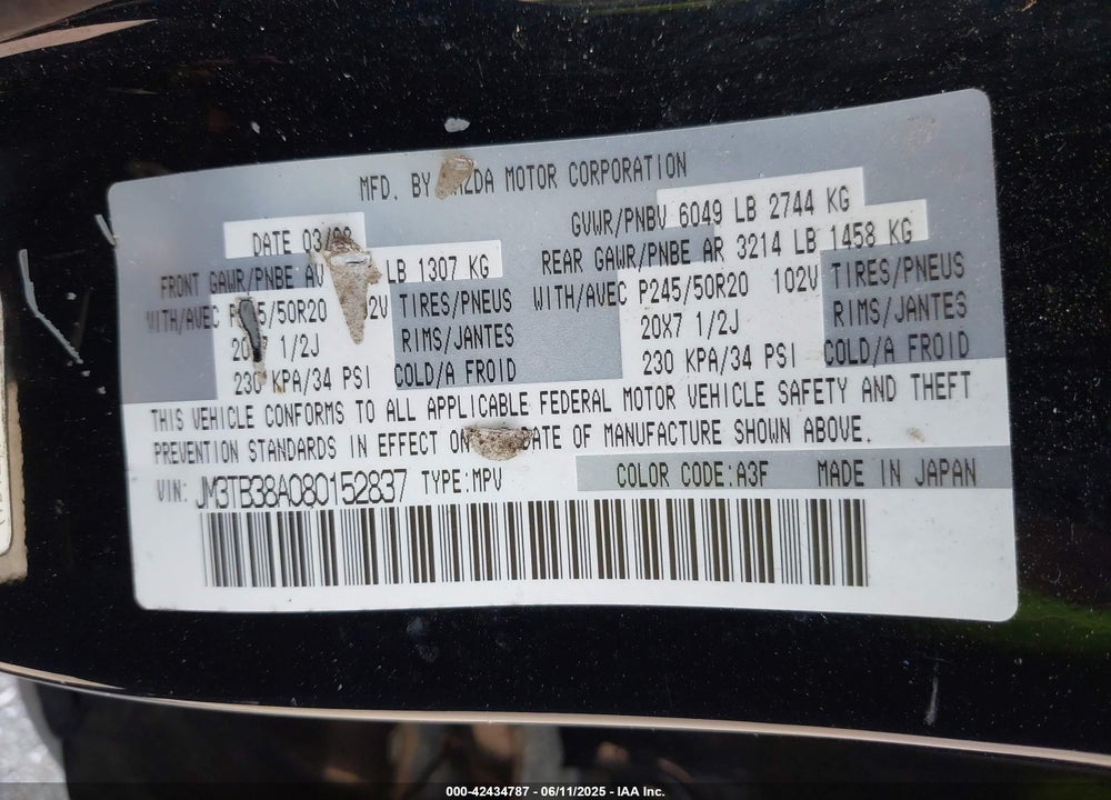 2008 MAZDA CX-9 VIN: JM3TB38A080152837