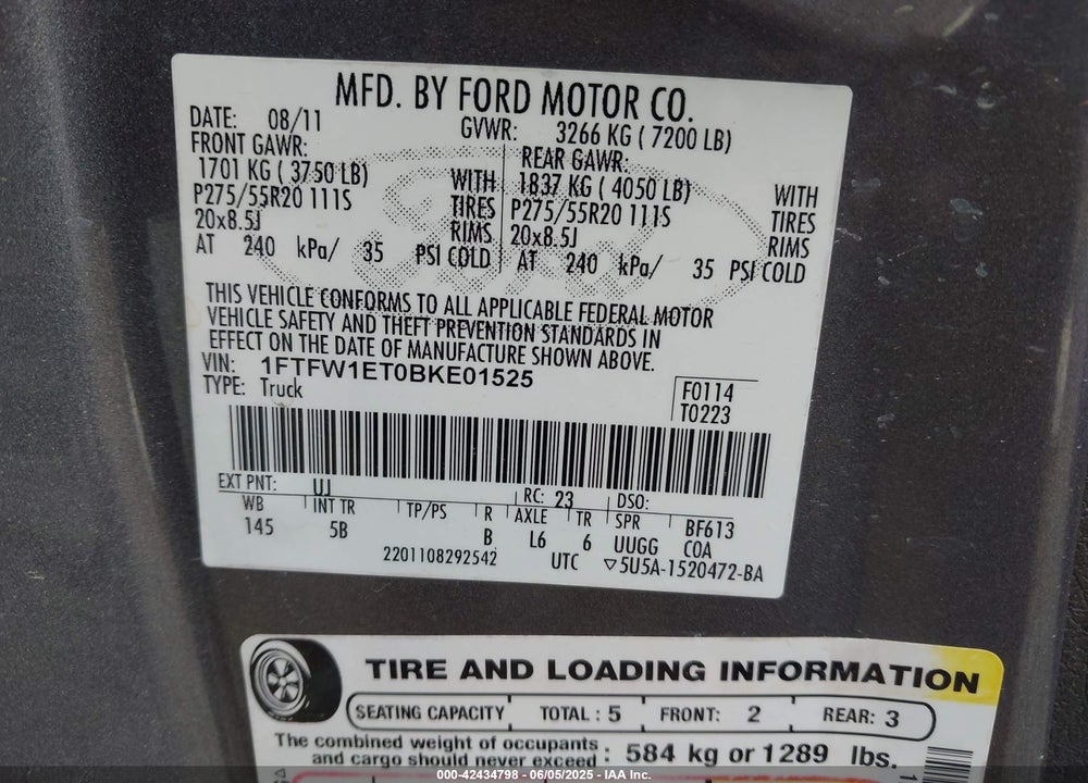 2011 FORD F-150 FX4 VIN: 1FTFW1ET0BKE01525