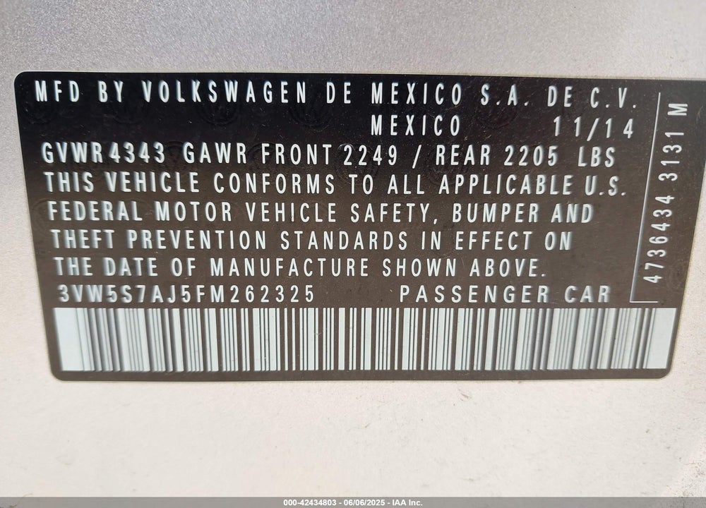 2015 VOLKSWAGEN JETTA VIN: 3VW5S7AJ5FM262325