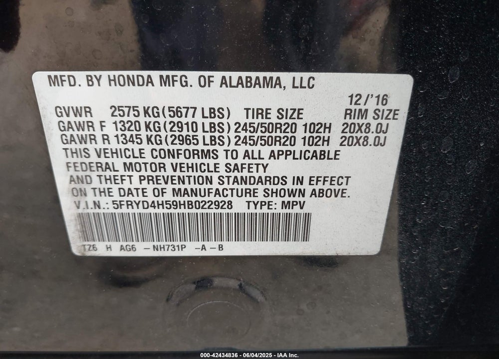 2017 ACURA MDX VIN: 5FRYD4H59HB022928