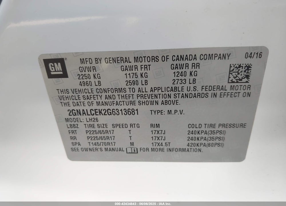 2016 CHEVROLET EQUINOX VIN: 2GNALCEK2G6313681