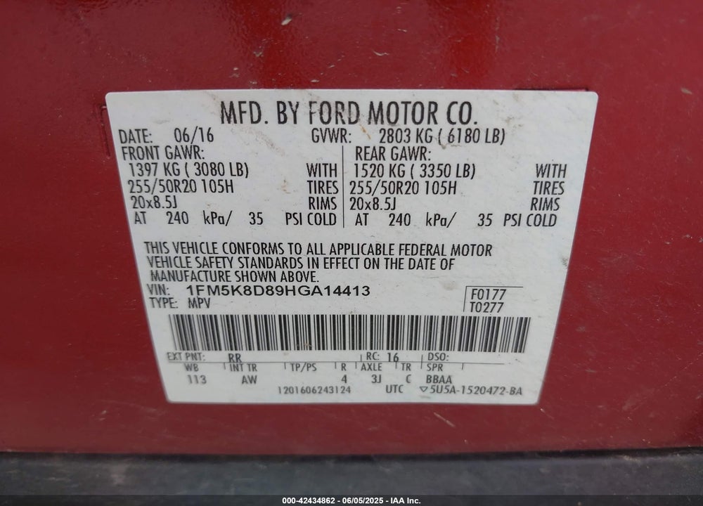 2017 FORD EXPLORER XLT VIN: 1FM5K8D89HGA14413