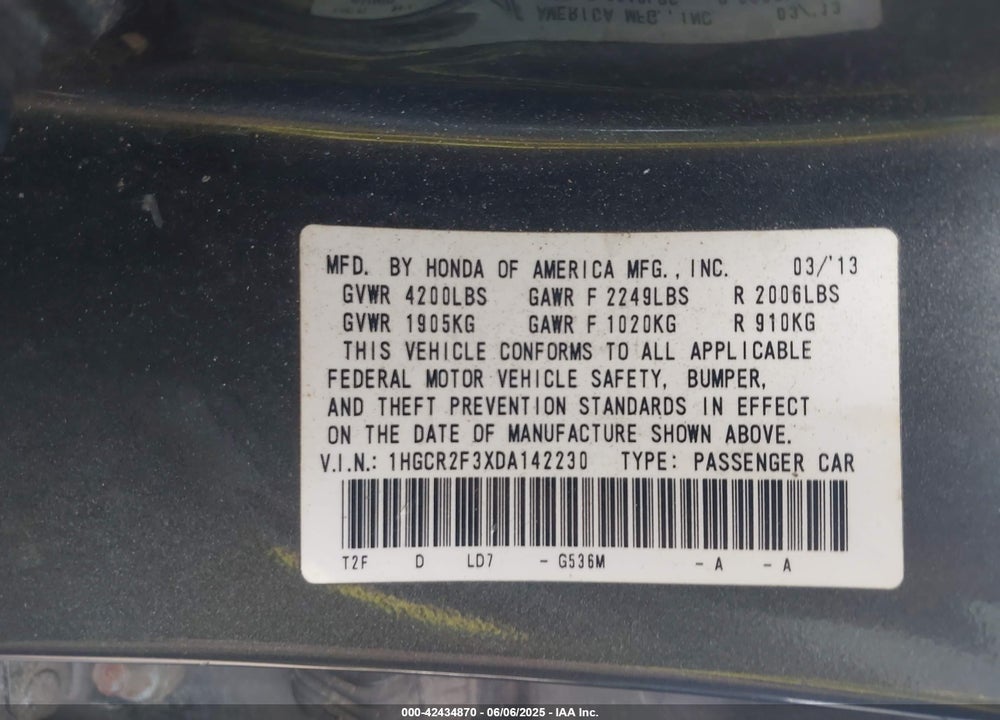 2013 HONDA ACCORD VIN: 1HGCR2F3XDA142230