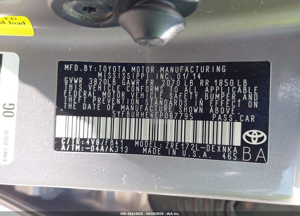 2014 TOYOTA COROLLA VIN: 5YFBURHE4EP067795