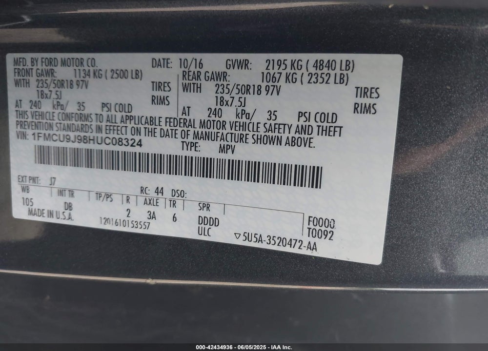 2017 FORD ESCAPE TITANIUM VIN: 1FMCU9J98HUC08324