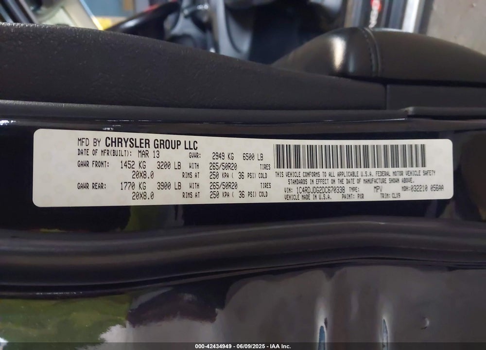 2013 DODGE DURANGO VIN: 1C4RDJDG2DC670338