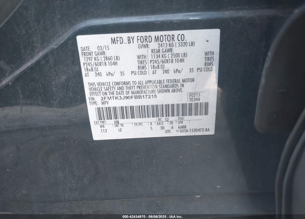 2015 FORD EDGE VIN: 2FMTK3J90FBB17215