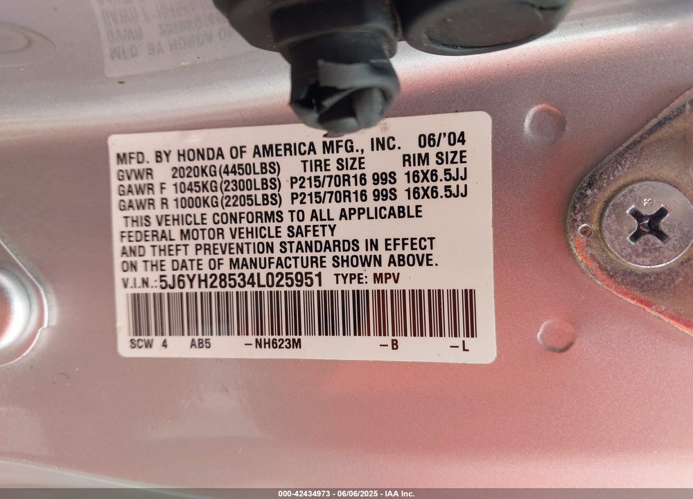 2004 HONDA ELEMENT VIN: 5J6YH28534L025951