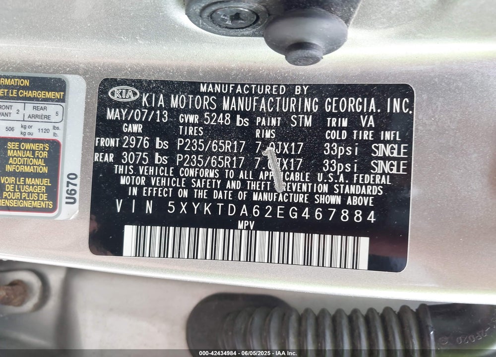 2014 KIA SORENTO VIN: 5XYKTDA62EG467884