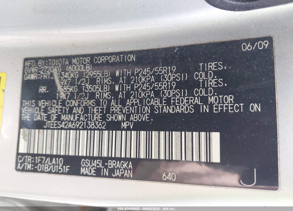 2009 TOYOTA HIGHLANDER VIN: JTEES42A692138362