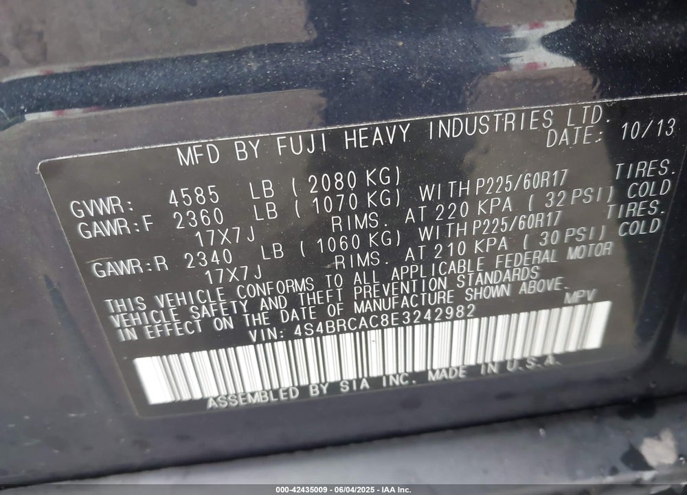 2014 SUBARU OUTBACK VIN: 4S4BRCAC8E3242982