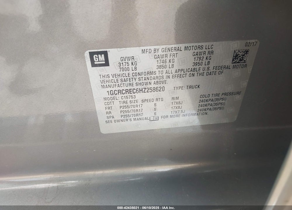 2017 CHEVROLET SILVERADO 1500 VIN: 1GCRCREC6HZ258620