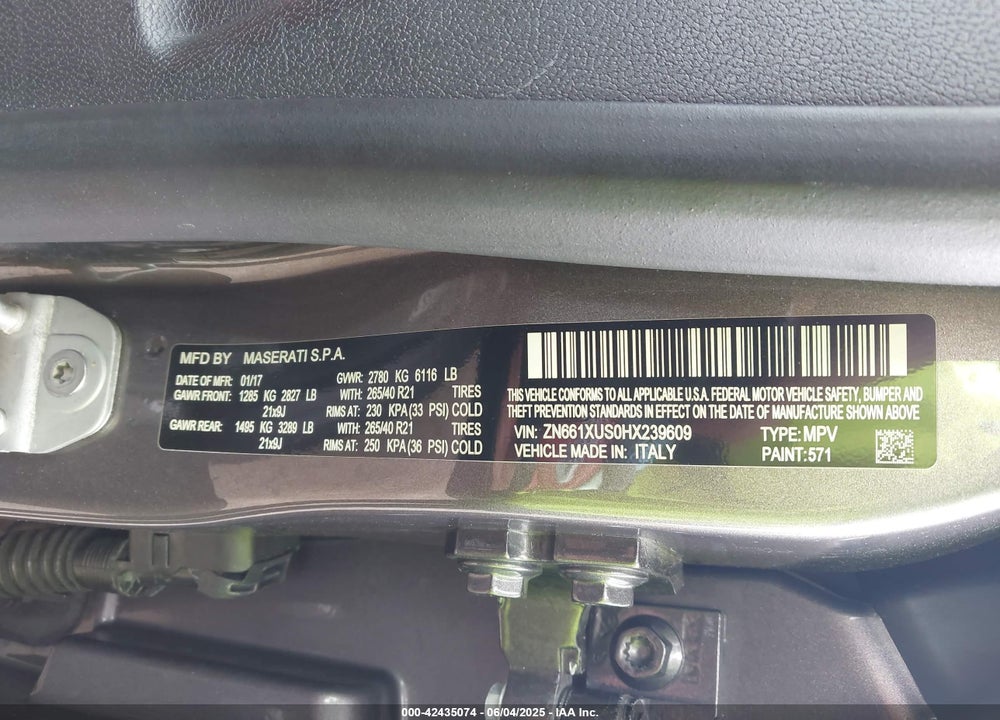 2017 MASERATI LEVANTE VIN: ZN661XUS0HX239609