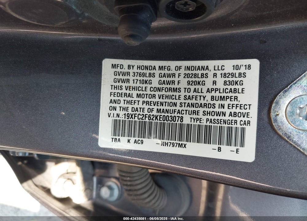 2019 HONDA CIVIC VIN: 19XFC2F62KE003078