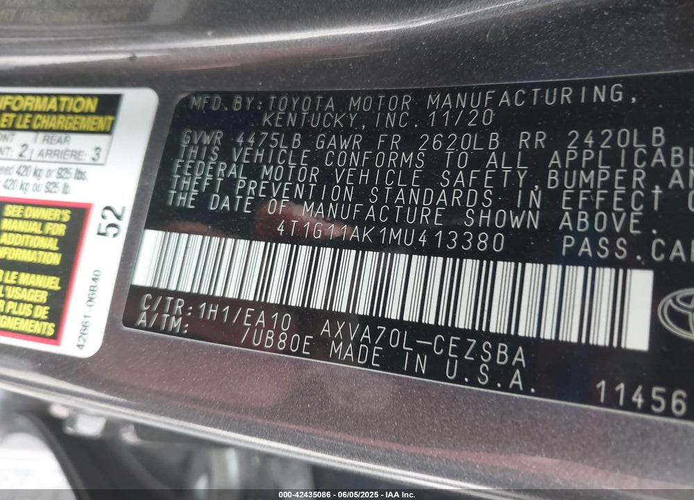 2021 TOYOTA CAMRY VIN: 4T1G11AK1MU413380