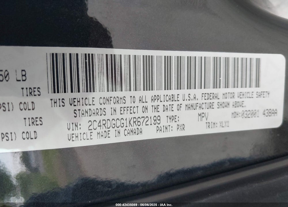 2019 DODGE GRAND CARAVAN SXT VIN: 2C4RDGCG1KR672199