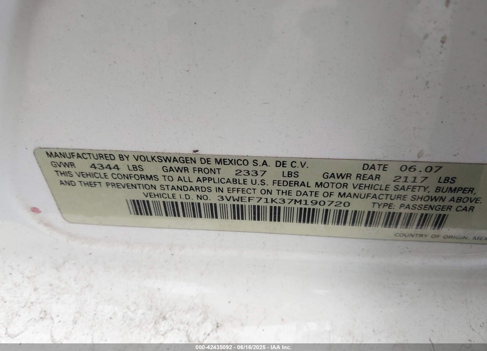 2007 VOLKSWAGEN JETTA VIN: 3VWEF71K37M190720
