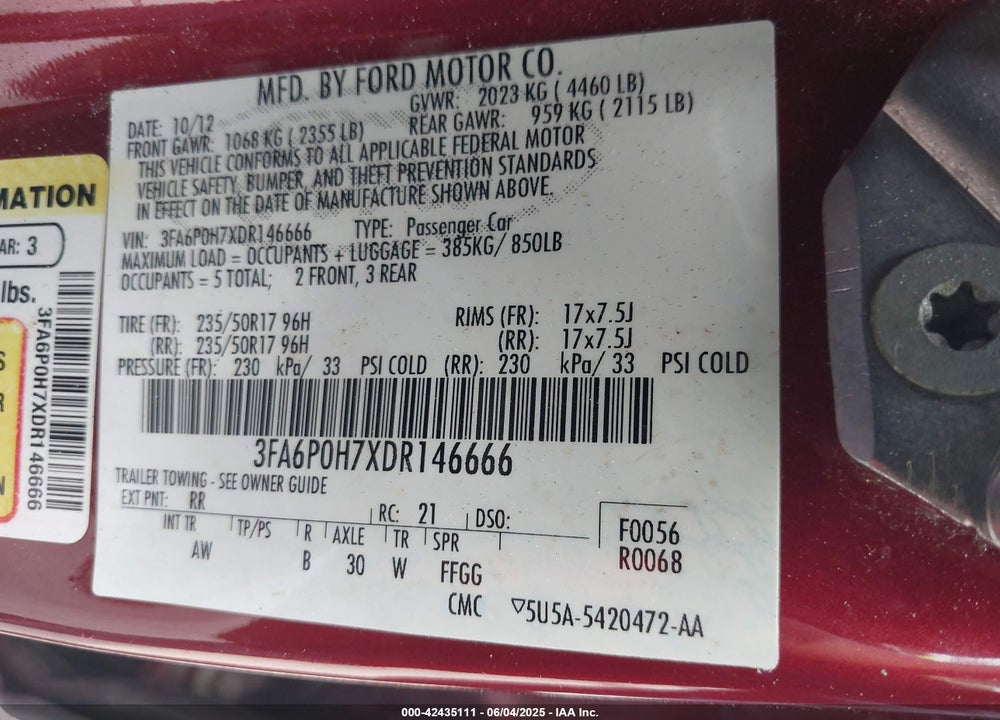 2013 FORD FUSION SE VIN: 3FA6P0H7XDR146666