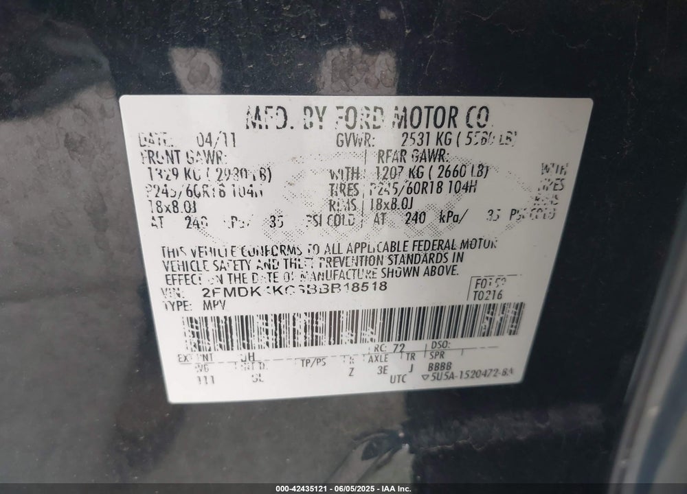 2011 FORD EDGE VIN: 2FMDK4KC3BBB18518