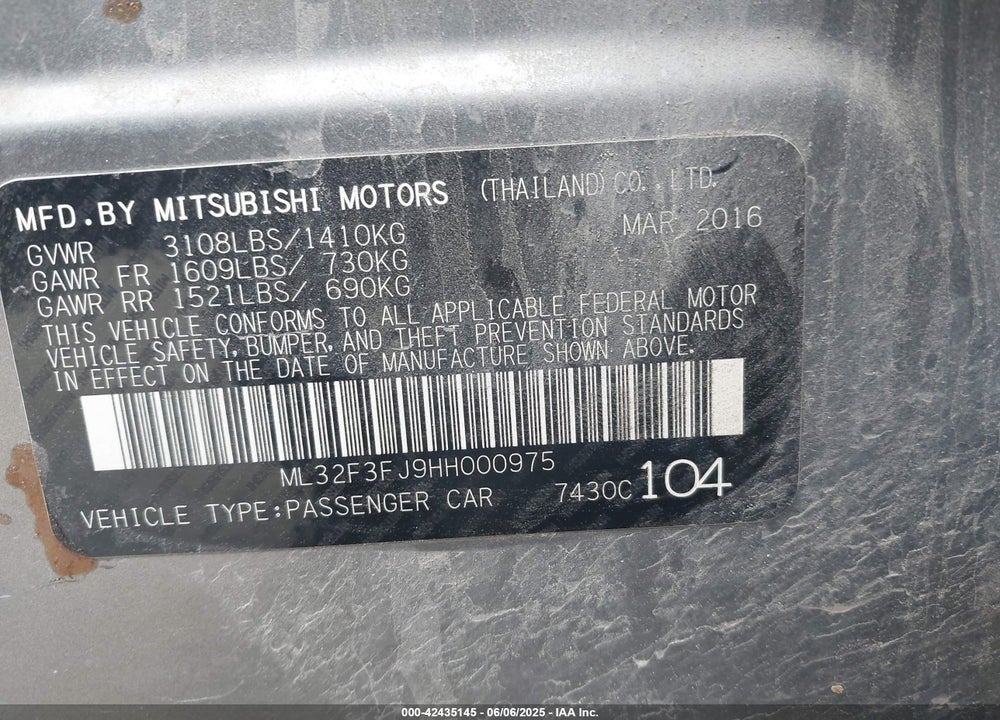 2017 MITSUBISHI MIRAGE G4 VIN: ML32F3FJ9HH000975