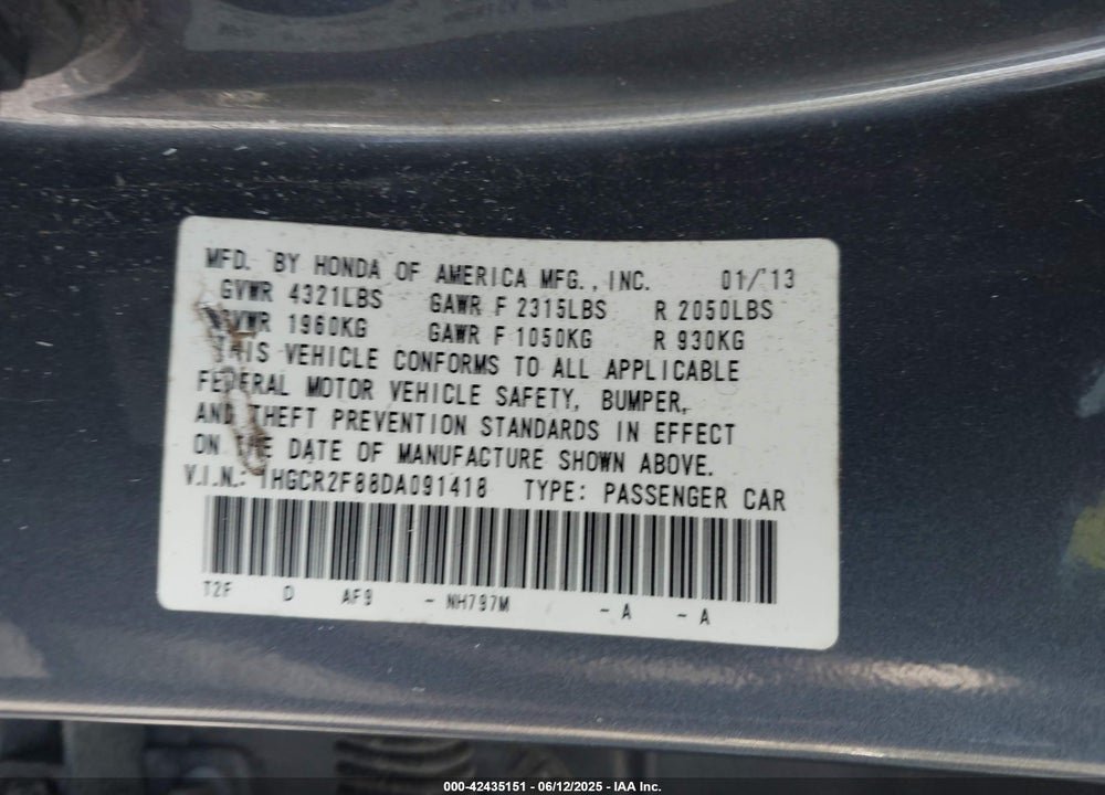 2013 HONDA ACCORD EX-L VIN: 1HGCR2F88DA091418