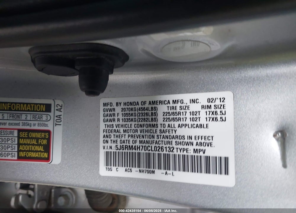 2012 HONDA CR-V VIN: 5J6RM4H70CL026132